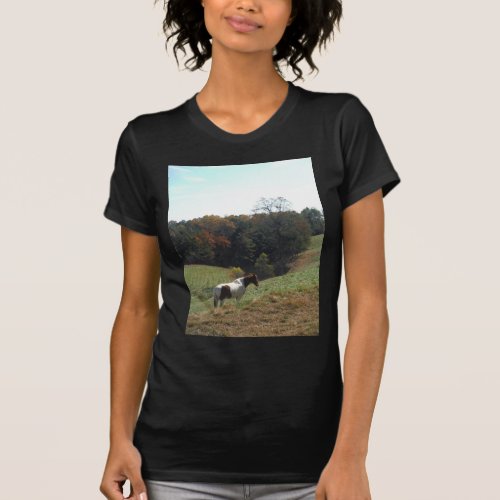 Brown and white horse at autumn pond T_Shirt