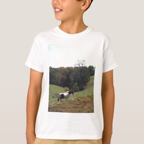 Brown and white horse at autumn pond T_Shirt