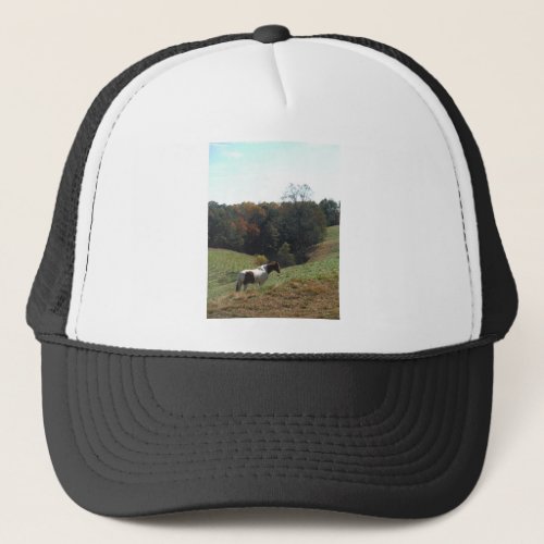 Brown and white horse at autumn pond trucker hat