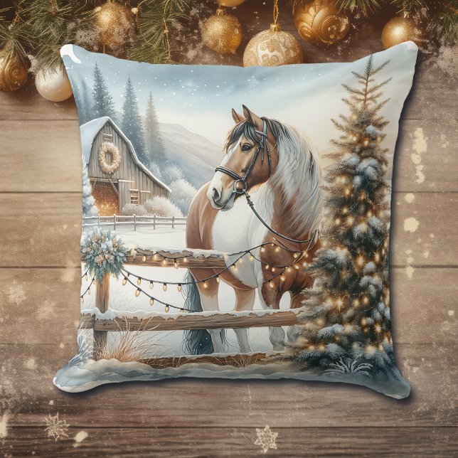 Brown and White Horse Festive Rustic Christmas   Throw Pillow (Creator Uploaded)