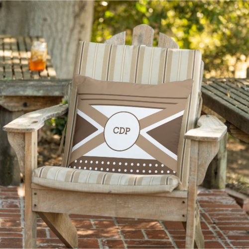 Brown and white initials time to relax outdoor pillow