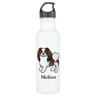 Brown And White Japanese Chin Cartoon Dog &amp; Name Stainless Steel Water Bottle
