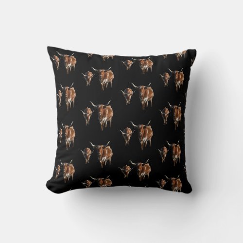 Brown and White longhorn Cow Steer Black Throw Pillow