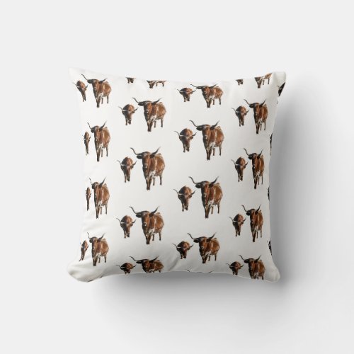 Brown and White longhorn Cow Steer Pattern Throw Pillow