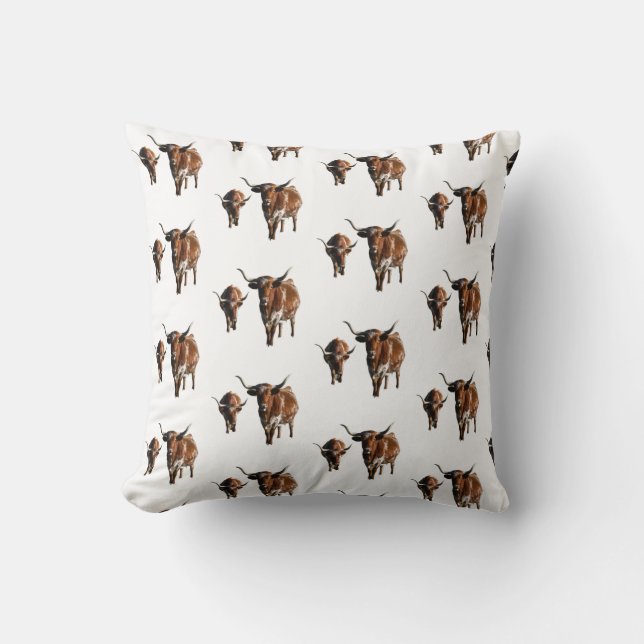 Brown and White longhorn Cow Steer Pattern Throw Pillow (Front)