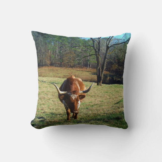 Brown and white longhorn Cow Throw Pillow (Front)