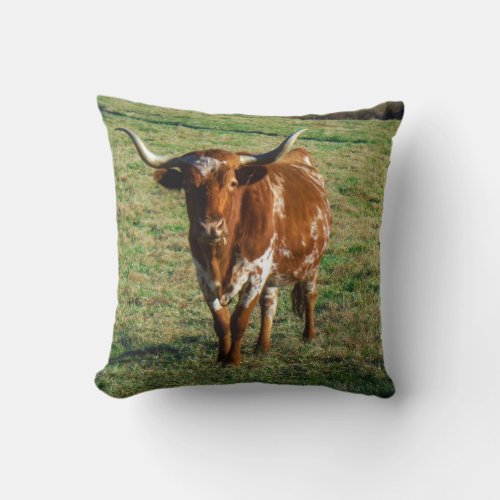 Brown and white longhorn Cow Throw Pillow