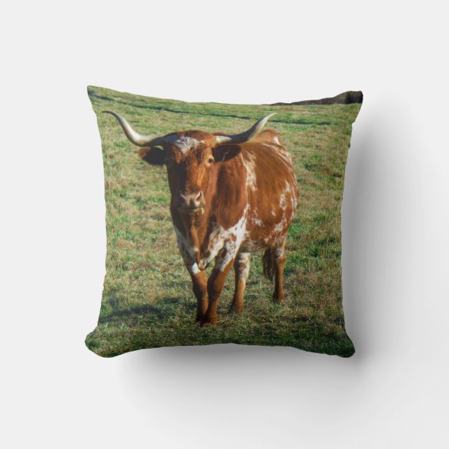 Brown and white longhorn Cow Throw Pillow (Front)