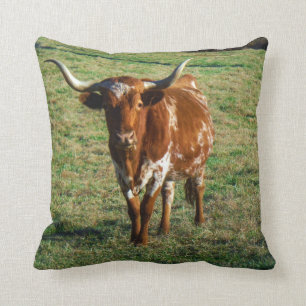 Brown and white longhorn Cow Throw Pillow