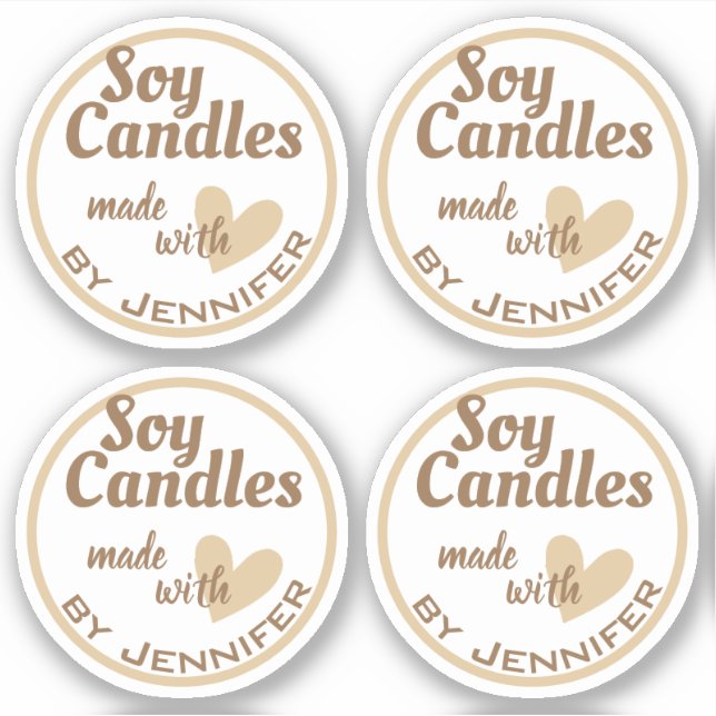 Brown and White Made with Love Heart Beige Candles Sticker (Front)