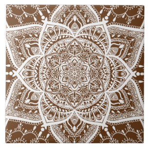 Brown and White Mandala - Loergann in Acorn Ceramic Tile