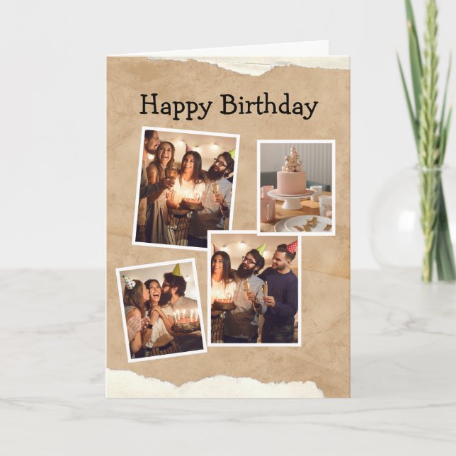 Brown and White Minimalist Birthday Photo Collage  Card (Front)
