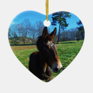 Brown and white mule ceramic ornament