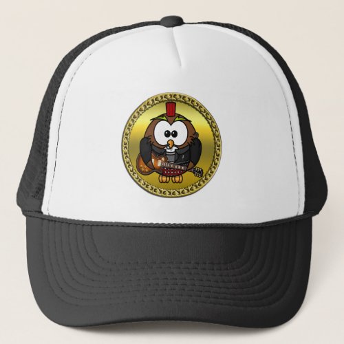 Brown and white owl playing a guitar with red hat