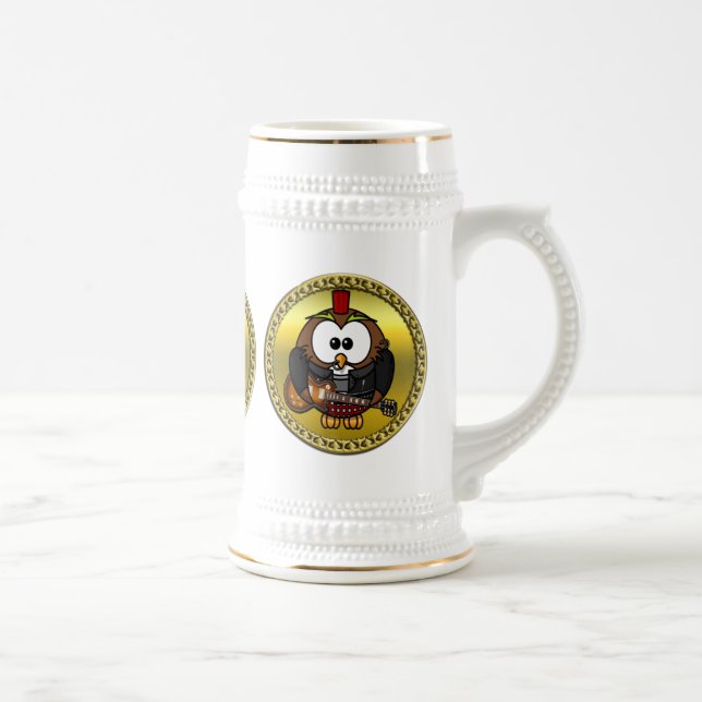 Brown and white owl playing a guitar with red hat beer stein (Right)