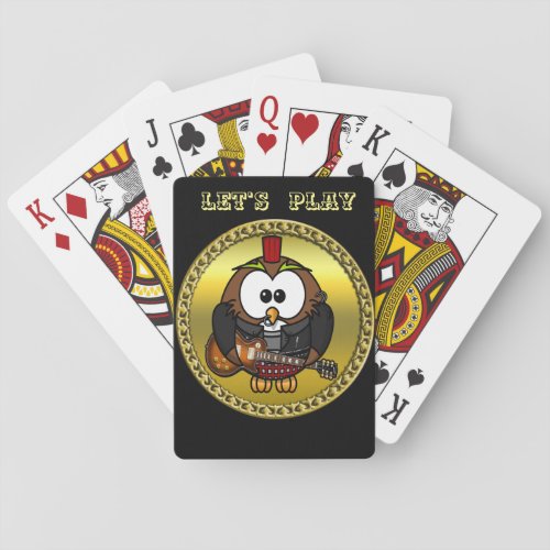 Brown and white owl playing a guitar with red hat playing cards