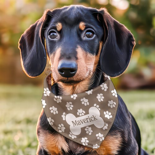 Brown And White Paw Print Dog Bone Custom Name Pet Bandana Collar