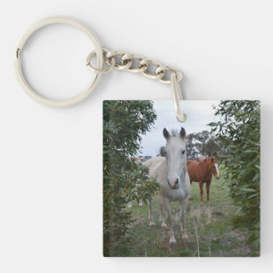 Brown And White Peekaboo Horses,- Keychain