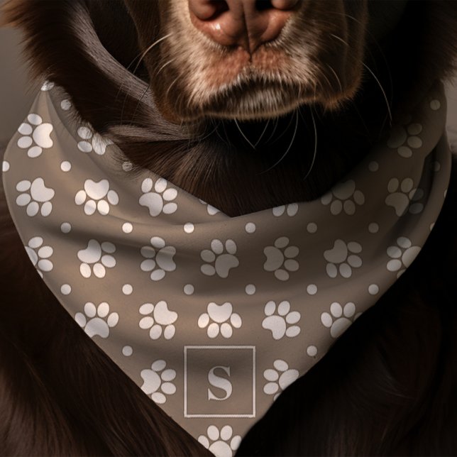 Brown And White Polka Dot Paw Print Monogram Dog Bandana (Creator Uploaded)