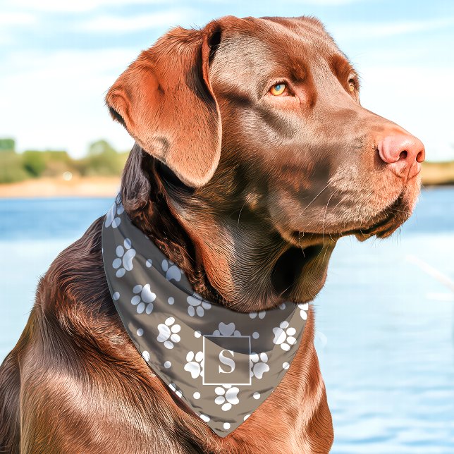 Brown And White Polka Dot Paw Print Monogram Pet Bandana Collar (Creator Uploaded)