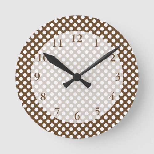 Brown and White Polka Dot Round Clock