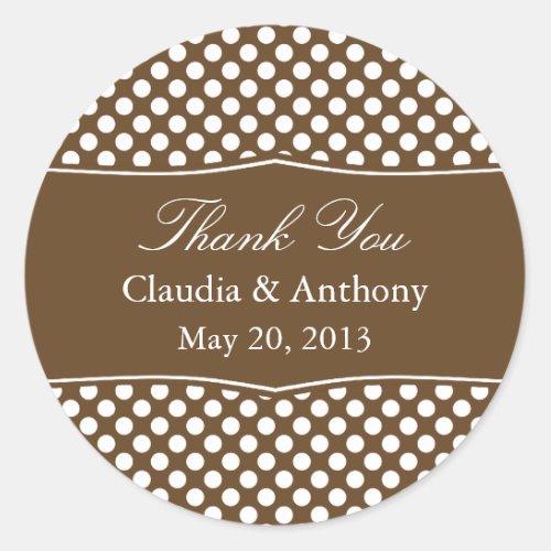 Brown and White Polka Dot Thank You Wedding Classic Round Sticker