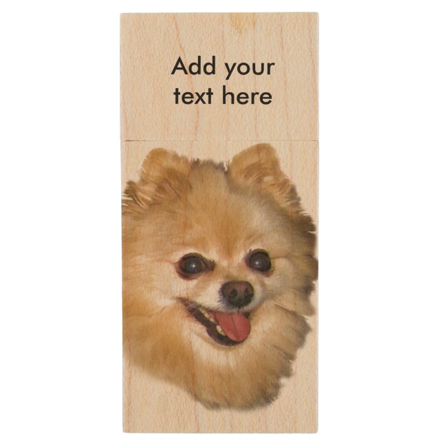 Brown and White Pomeranian Dog, Customizable Text Wood USB Flash Drive (Front Vertical)