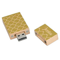 Brown and white quatrefoil pattern wood flash drive