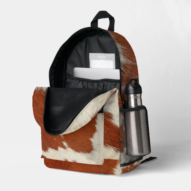 Brown and white realistic cowhide print printed backpack  display picture 1