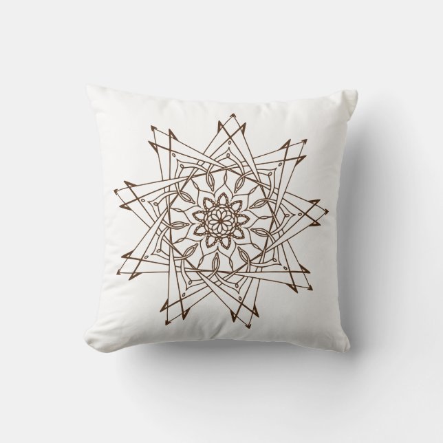 Brown and White Sharp Mandala Throw Pillow (Front)