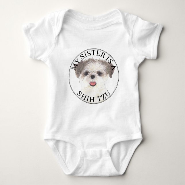 Brown and White Shih Tzu Big Sister Baby Bodysuit (Front)