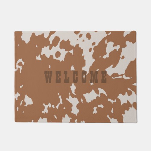 Brown and White Spotted Cowhide Door Mat Welcome