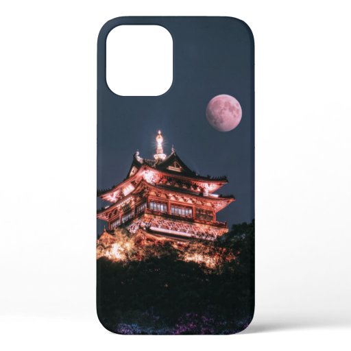 BROWN AND WHITE TEMPLE UNDER FULL MOON iPhone 12 CASE