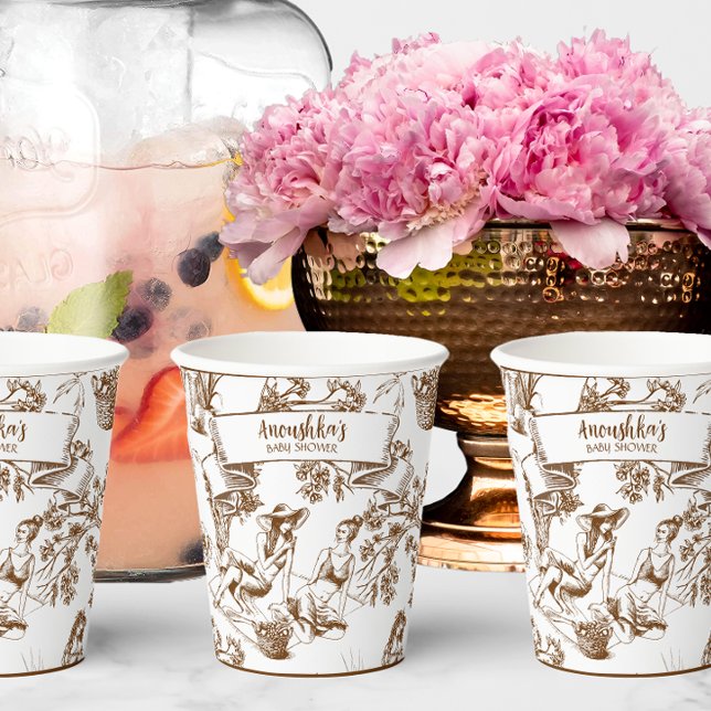 Brown and White Toile de Jouy Bridal Shower Paper Cups (Creator Uploaded)