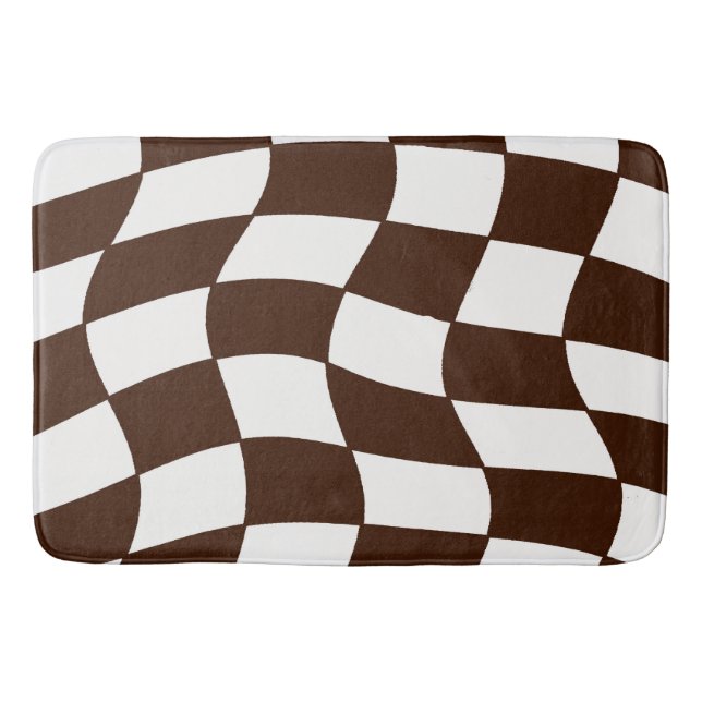 Brown and White Wavy Checkerboard Bath Mat (Front)