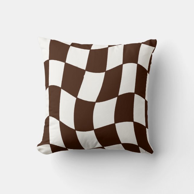 Brown and White Wavy Checkerboard Throw Pillow (Front)