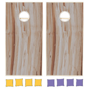 Brown and white wooden surface cornhole set