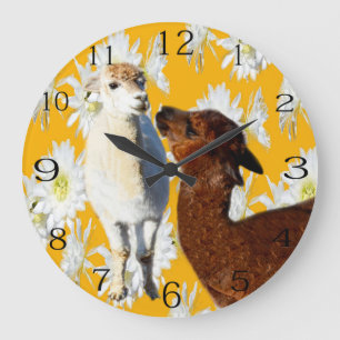 Brown And White Woolly Alpacas With Cacti Flowers, Large Clock