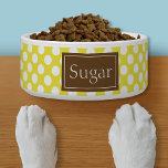 Brown And Yellow Polka Dots Pattern With Name Bowl<br><div class="desc">Cute and chic white polka dots pattern on a yellow background color. There is also a customizable text area for your pet's name on a brown background.</div>