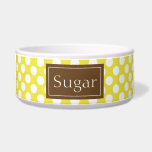 Brown And Yellow Polka Dots Pattern With Name Bowl<br><div class="desc">Cute and chic white polka dots pattern on a yellow background color. There is also a customizable text area for your pet's name on a brown background.</div>