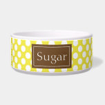 Brown And Yellow Polka Dots Pattern With Name Bowl<br><div class="desc">Cute and chic white polka dots pattern on a yellow background color. There is also a customizable text area for your pet's name on a brown background.</div>