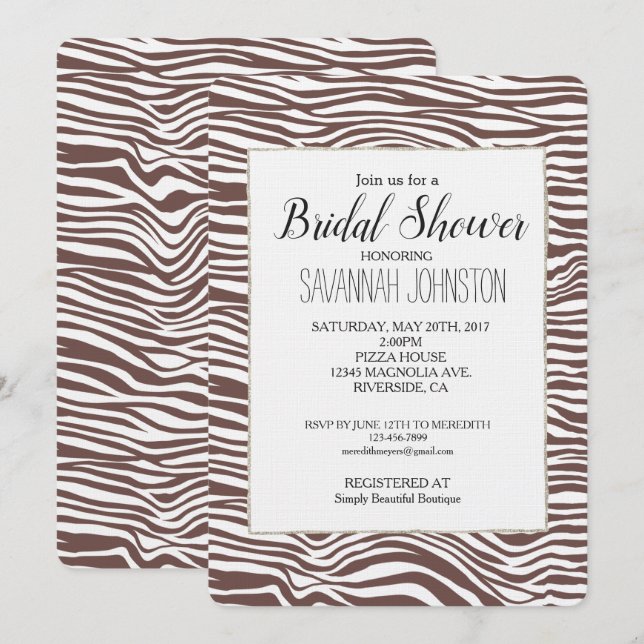 Brown Animal Zebra Print Stripes Bridal Shower Invitation (Front/Back)