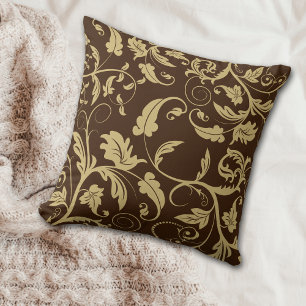 Brown Antique Gold Retro Leaf Swirl Throw Pillow