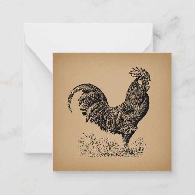 Brown Antique Rooster Illustration Chicken Art Note Card (Front)