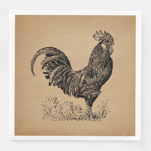 Brown Antique Rooster Illustration Chicken Art Paper Dinner Napkins