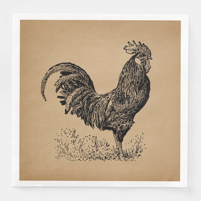 Brown Antique Rooster Illustration Chicken Art Paper Dinner Napkins (Front)