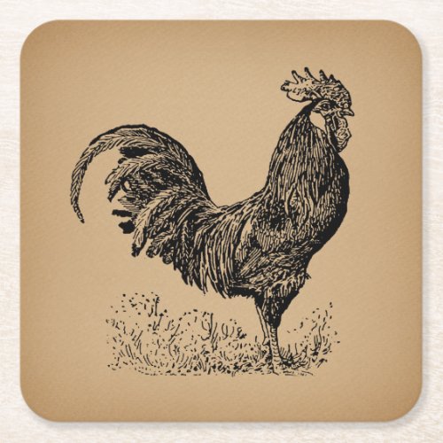 Brown Antique Rooster Illustration Chicken Art Square Paper Coaster