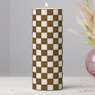 Brown & Antique White Checkered Pillar Candle