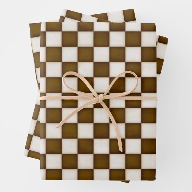Brown & Antique White Checkered Wrapping Paper Sheets (In situ)