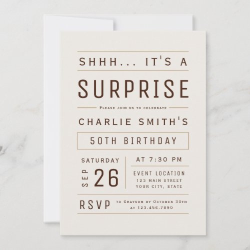 Brown Any Age Modern Typography Surprise Birthday Invitation